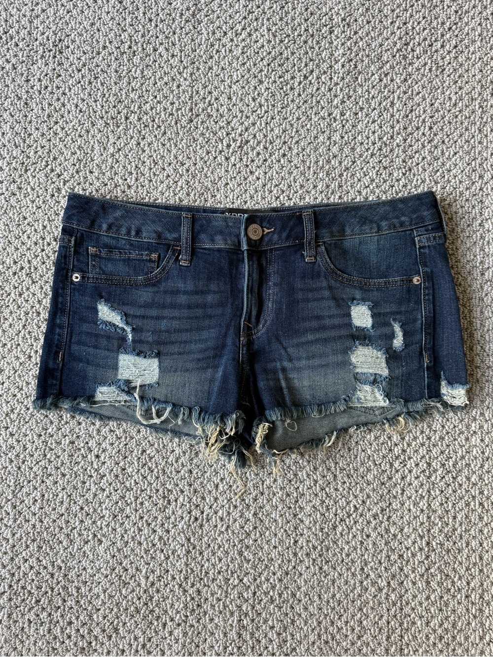 Express Lowrise Dark Blue Distressed Denim Cutoff Shorts